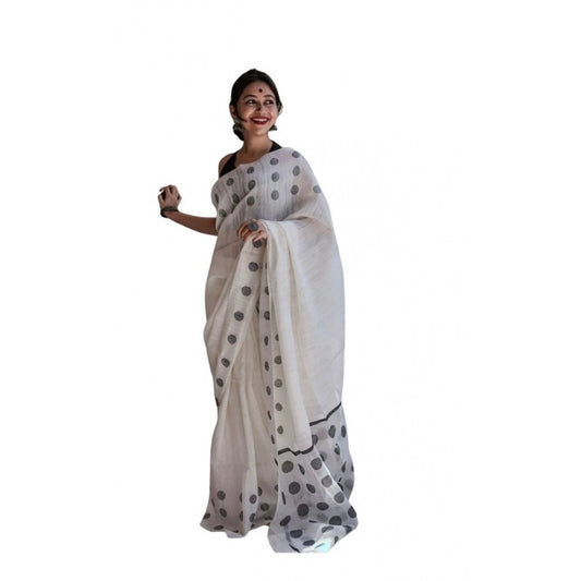 Women's Soft Lilan Printed Saree With Unstitched Blouse 5.5Mtr (White) - VANSHELLE