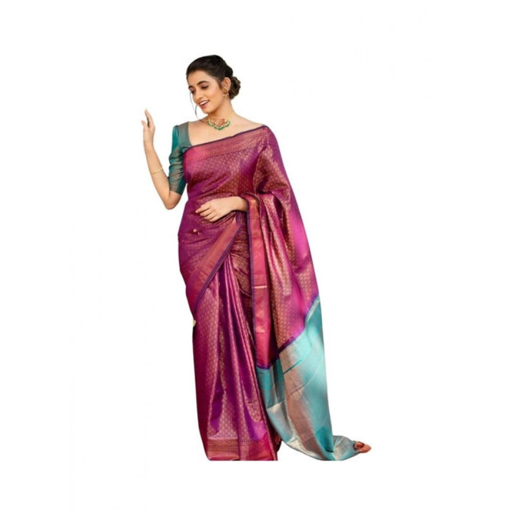 Women's Soft Lichi Silk Printed Saree With Unstitched Blouse 5.5Mtr (Purple) - VANSHELLE