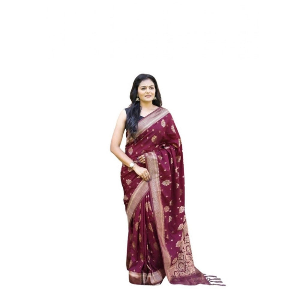 Women's Soft Lichi Silk Printed Saree With Unstitched Blouse 5.5Mtr (Wine) - VANSHELLE