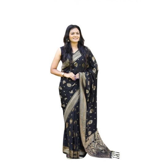 Women's Soft Lichi Silk Printed Saree With Unstitched Blouse 5.5Mtr (Black) - VANSHELLE