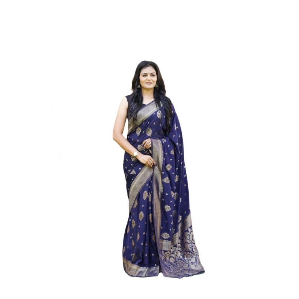 Women's Soft Lichi Silk Printed Saree With Unstitched Blouse 5.5Mtr (Navy Blue) - VANSHELLE