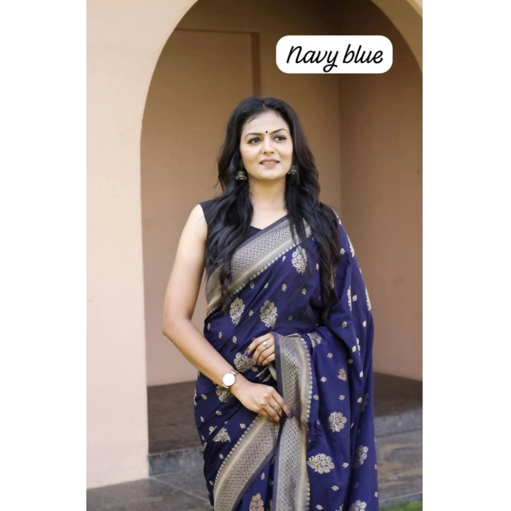 Women's Soft Lichi Silk Printed Saree With Unstitched Blouse 5.5Mtr (Navy Blue) - VANSHELLE