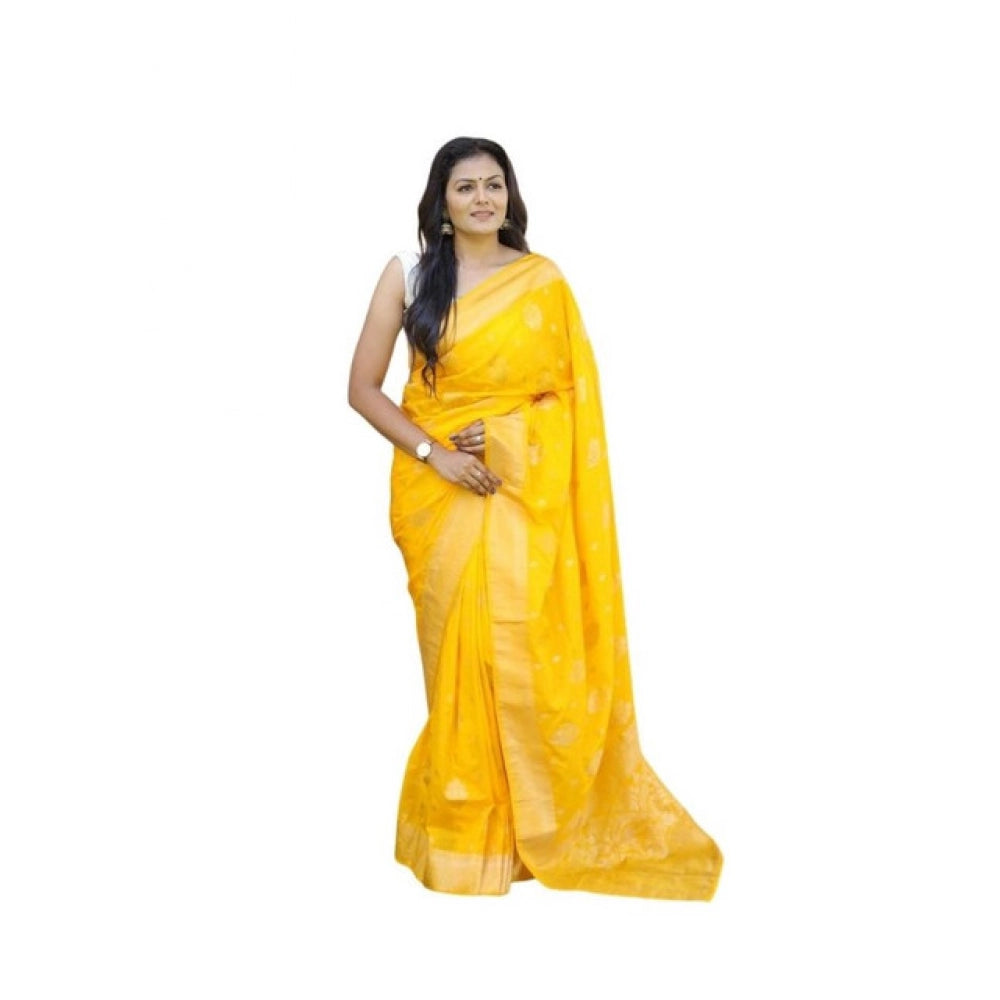 Women's Soft Lichi Silk Printed Saree With Unstitched Blouse 5.5Mtr (Yellow) - VANSHELLE