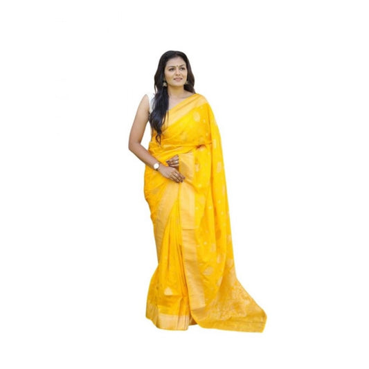 Women's Soft Lichi Silk Printed Saree With Unstitched Blouse 5.5Mtr (Yellow) - VANSHELLE