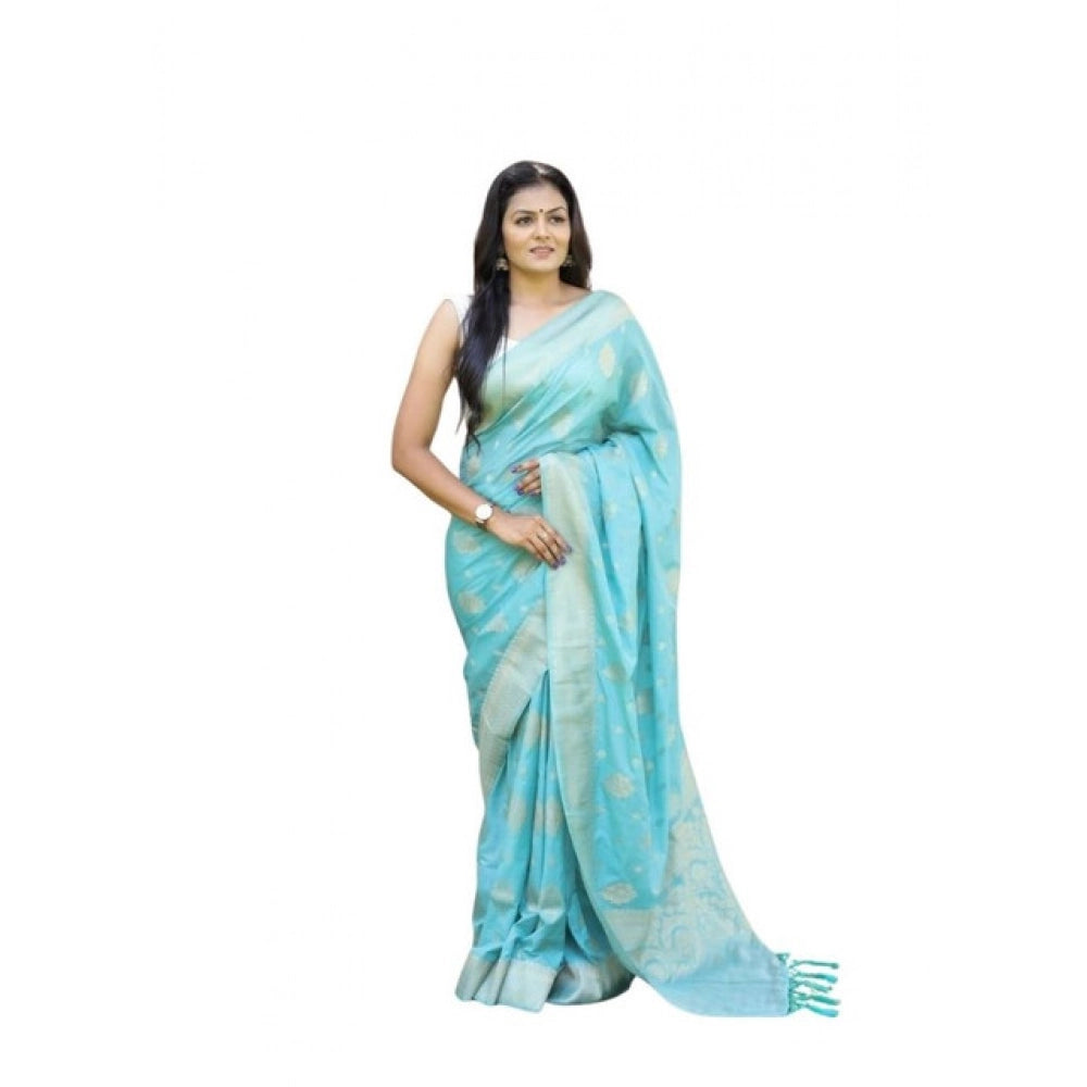 Women's Soft Lichi Silk Printed Saree With Unstitched Blouse 5.5Mtr (Sky-Blue) - VANSHELLE