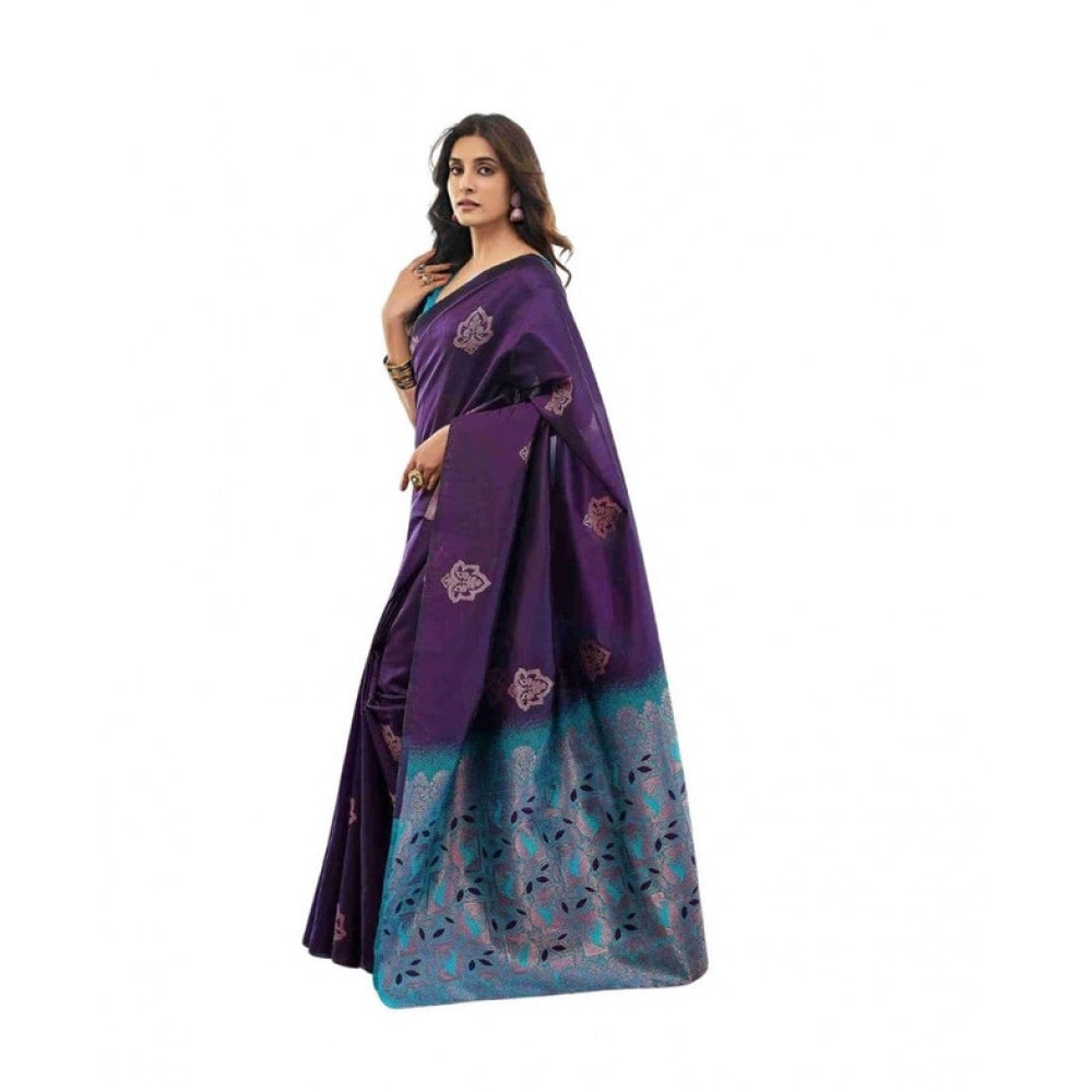 Women's Soft Lichi Silk Printed Saree With Unstitched Blouse 5.5Mtr (Blue) - VANSHELLE
