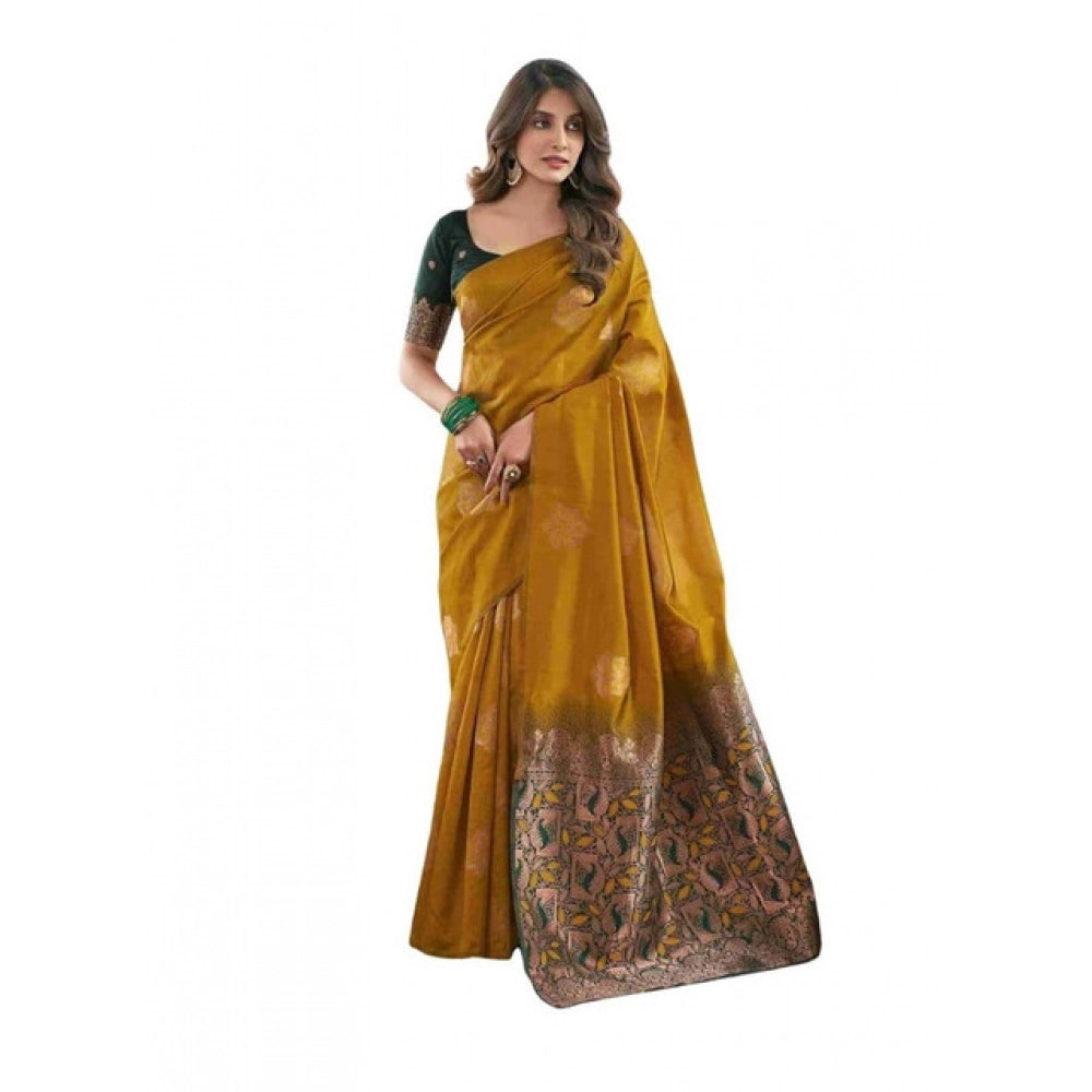 Women's Soft Lichi Silk Printed Saree With Unstitched Blouse 5.5Mtr (Mustard ) - VANSHELLE