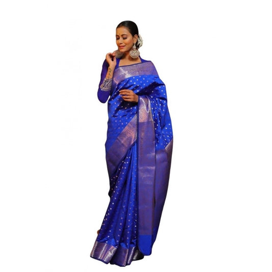 Women's Soft Lichi Silk Printed Saree With Unstitched Blouse 5.5Mtr (Blue) - VANSHELLE