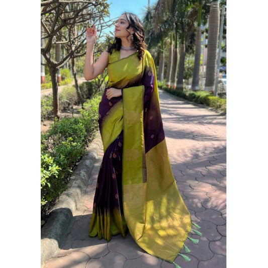 Women's Soft Lichi Silk Printed Saree With Unstitched Blouse 5.5Mtr (Purple) - VANSHELLE