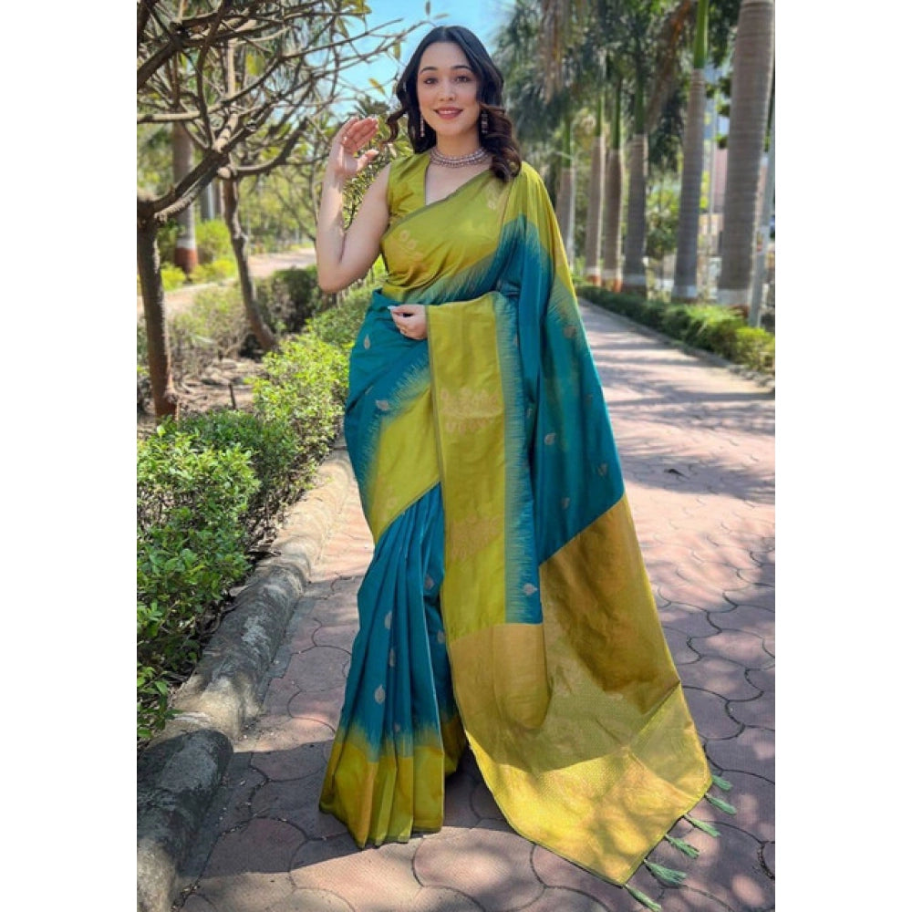 Women's Soft Lichi Silk Printed Saree With Unstitched Blouse 5.5Mtr (Green) - VANSHELLE