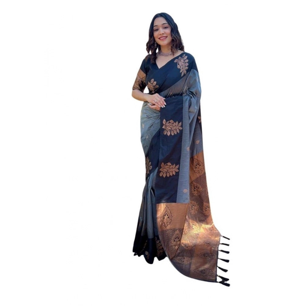 Women's Soft Lichi Silk Printed Saree With Unstitched Blouse 5.5Mtr (Grey) - VANSHELLE