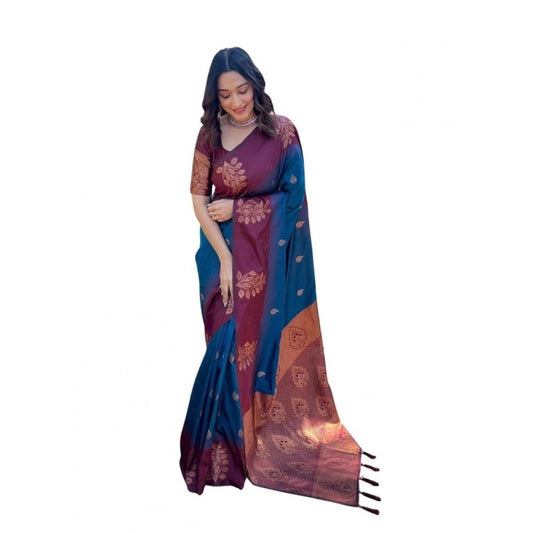 Women's Soft Lichi Silk Printed Saree With Unstitched Blouse 5.5Mtr (Blue) - VANSHELLE