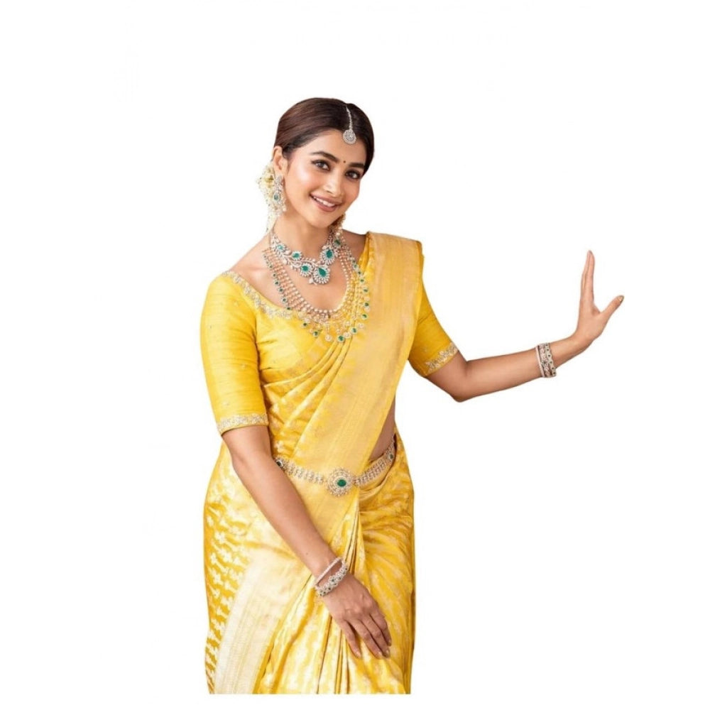 Women's Soft Lichi Silk Printed Saree With Unstitched Blouse 5.5Mtr (Yellow) - VANSHELLE