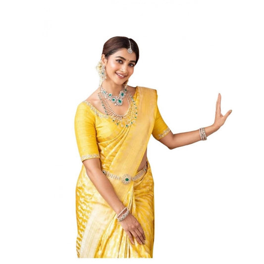 Women's Soft Lichi Silk Printed Saree With Unstitched Blouse 5.5Mtr (Yellow) - VANSHELLE