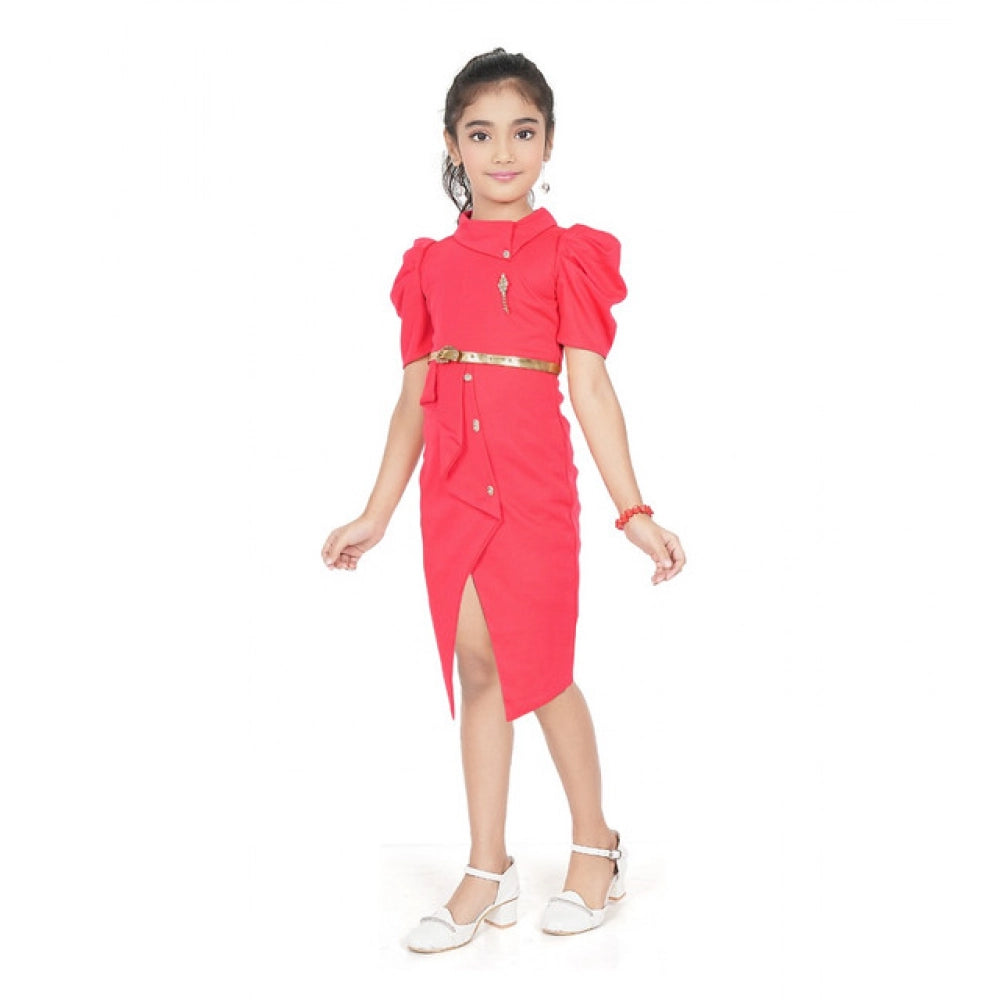 Girl's Cotton Lycra Soild Short Sleeve Close Neck Dress (Pink)