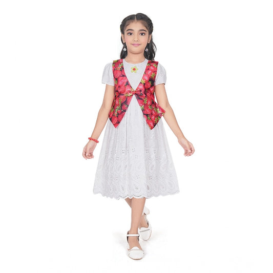 Girl's Heavy Chicken Printed Short Sleeve Round Neck Dress (White)