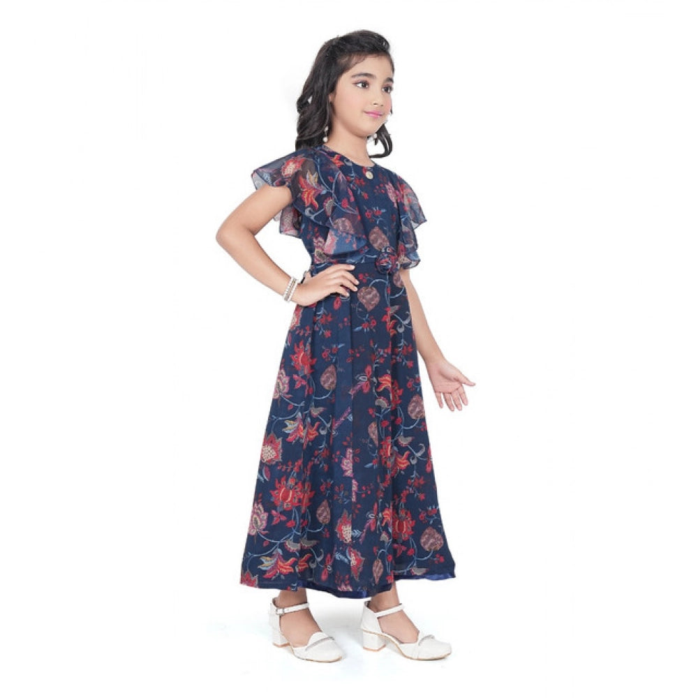 Girl's Shiffon Printed Short Sleeve Round Neck Dress (Blue)