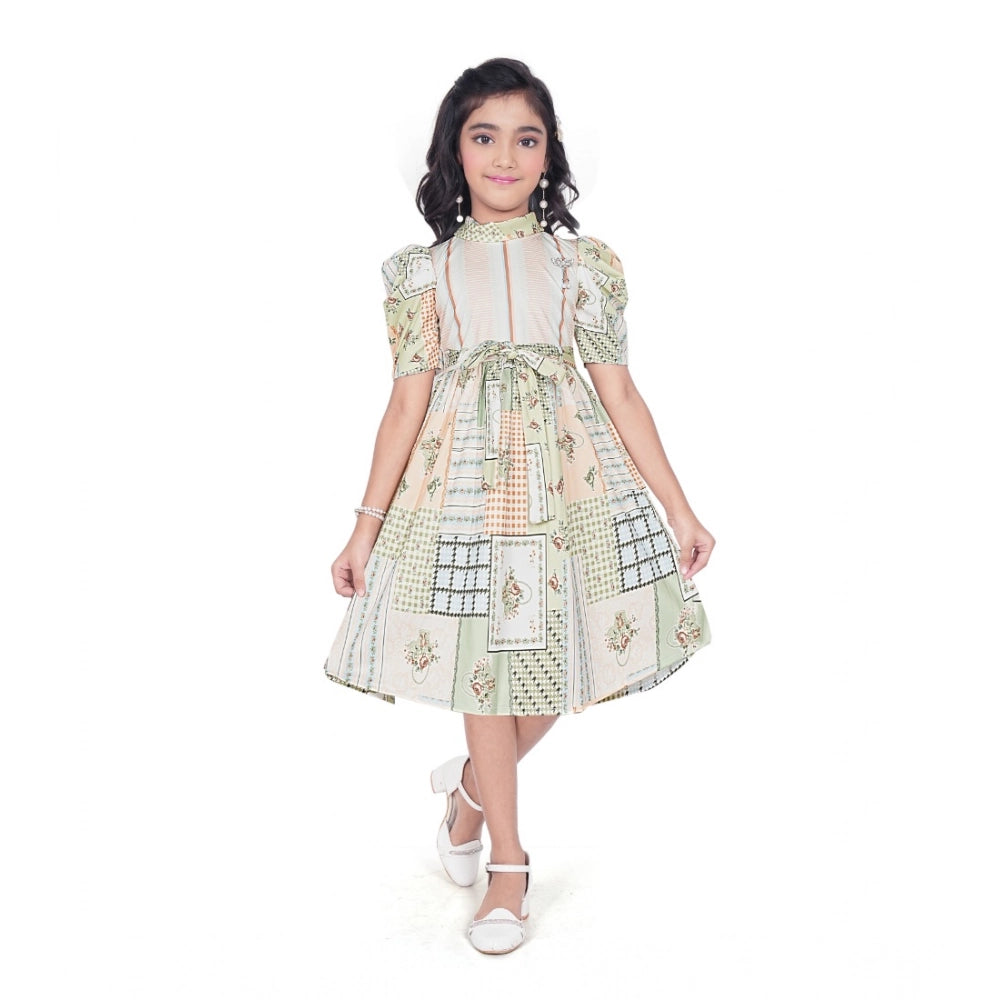 Girl's Digital Knitted Printed Half Sleeve Close Neck Dress (Light Green)
