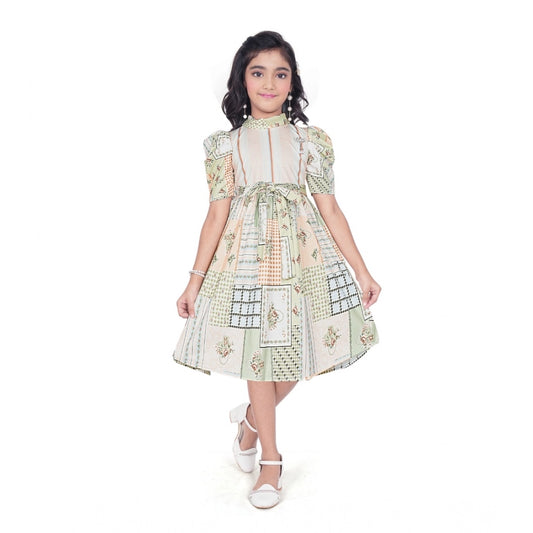 Girl's Digital Knitted Printed Half Sleeve Close Neck Dress (Light Green)