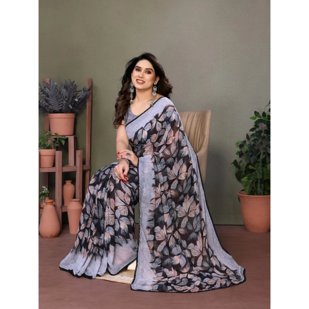 Women'S Chiffon Printed Saree With Unstitched Blouse 5.5Mtr (G