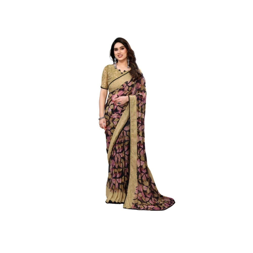 Women'S Chiffon Printed Saree With Unstitched Blouse 5.5Mtr (B