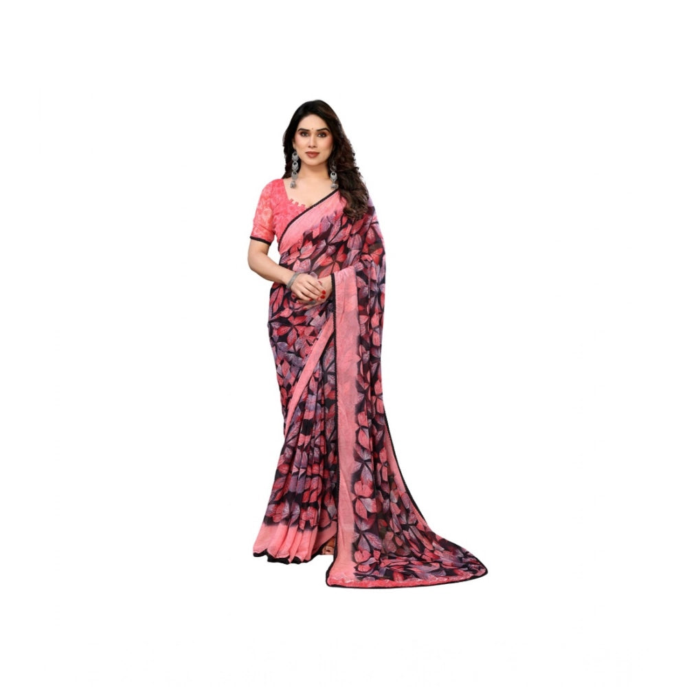 Women'S Chiffon Printed Saree With Unstitched Blouse 5.5Mtr (P