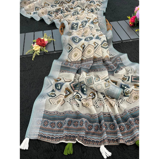 Women'S Linen Cotton Printed Saree With Unstitched Blouse 5.5M