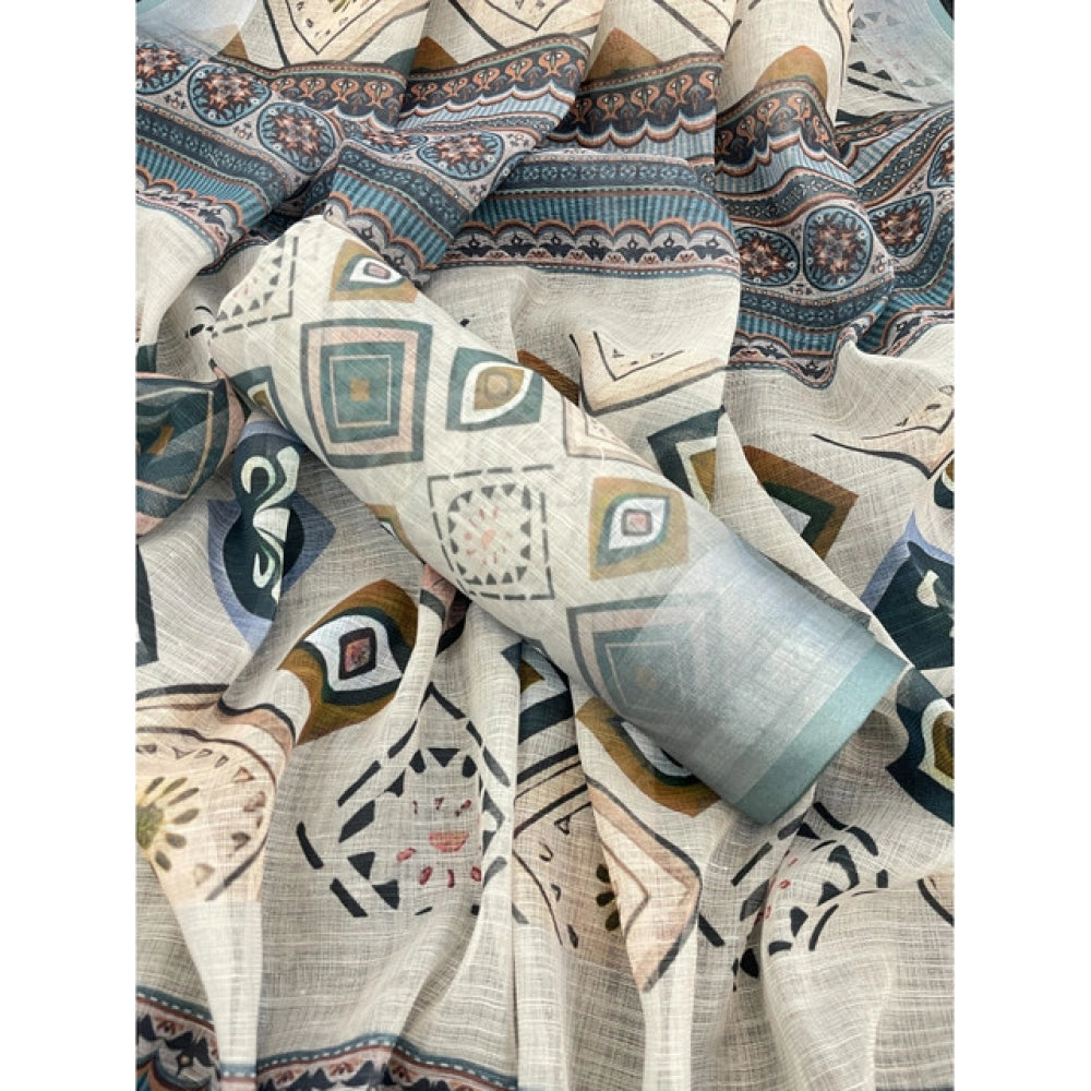 Women'S Linen Cotton Printed Saree With Unstitched Blouse 5.5M