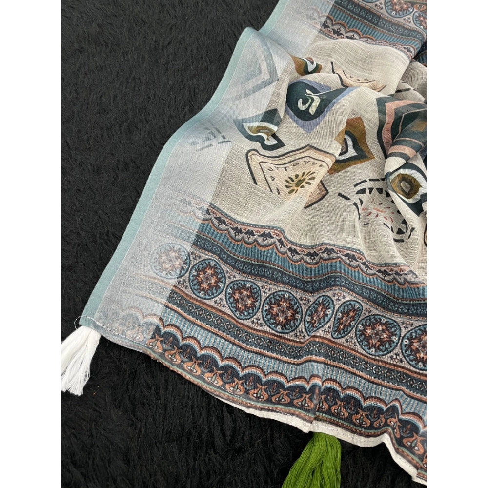 Women'S Linen Cotton Printed Saree With Unstitched Blouse 5.5M