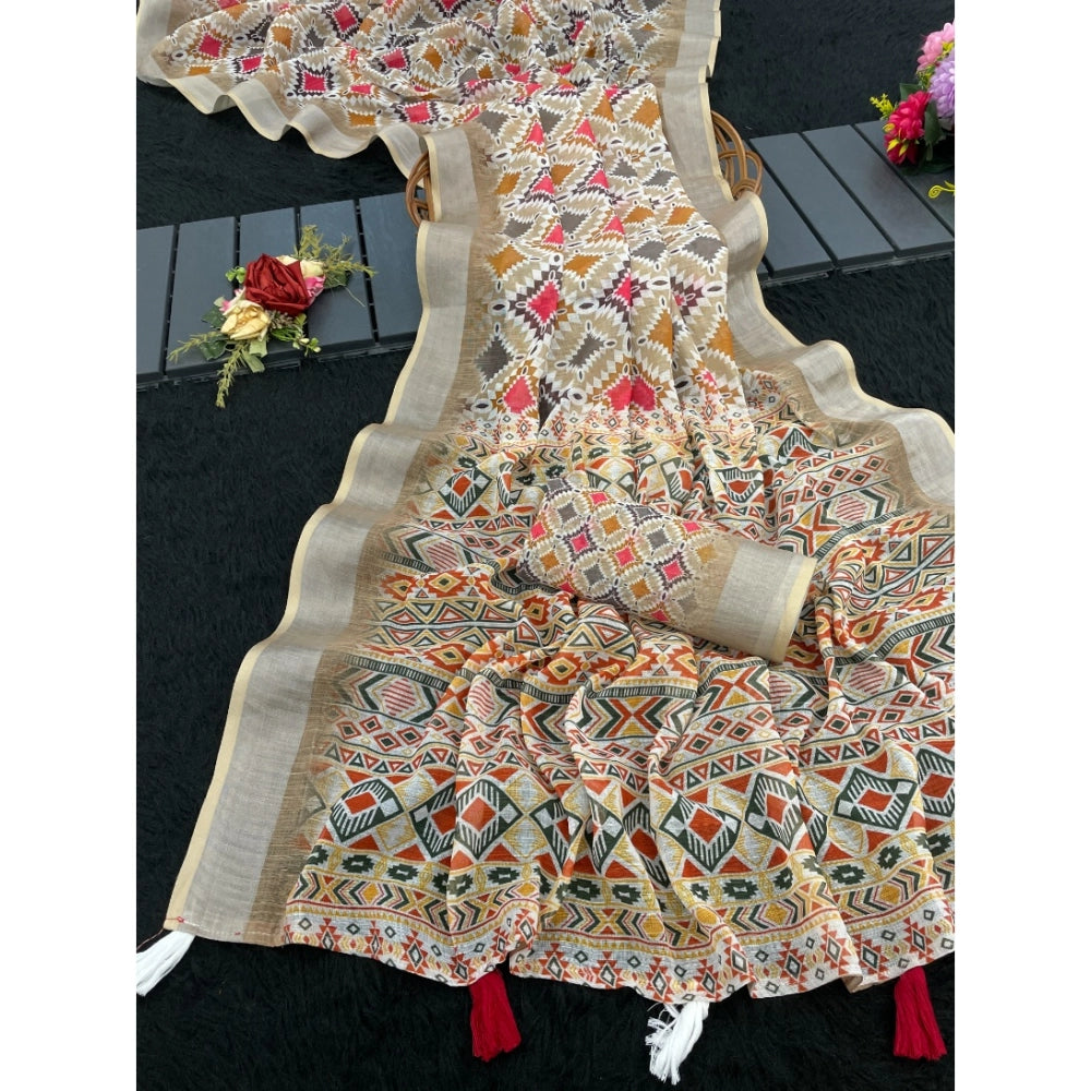 Women'S Linen Cotton Printed Saree With Unstitched Blouse 5.5M