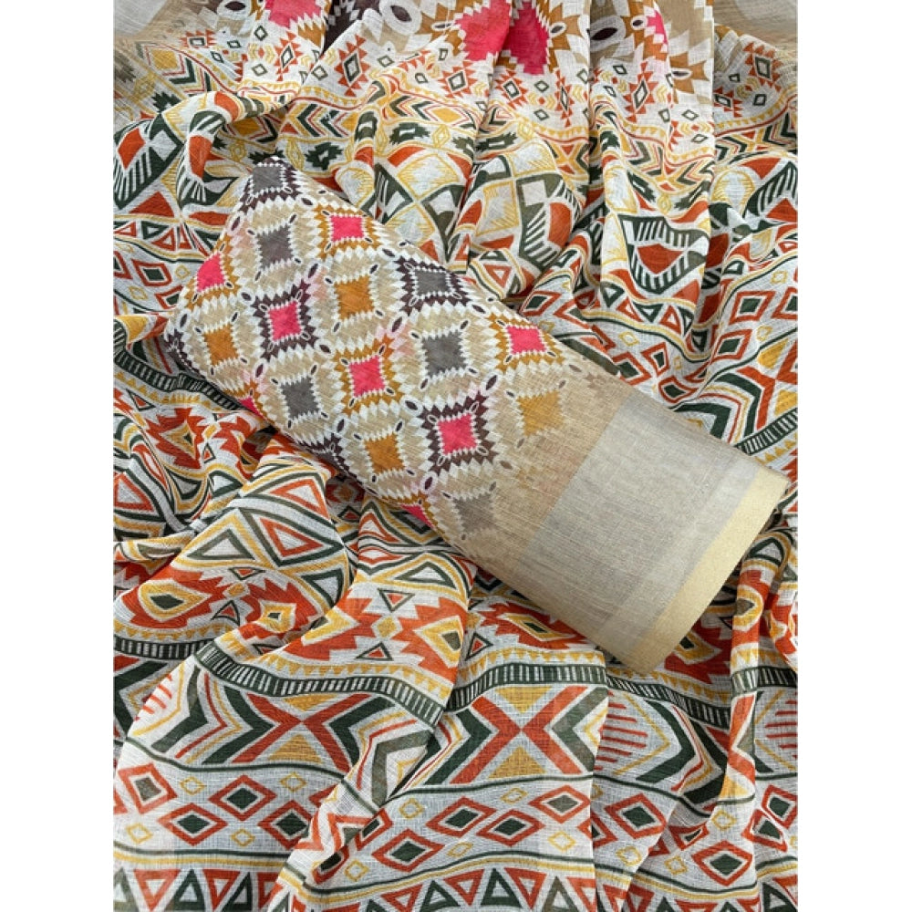 Women'S Linen Cotton Printed Saree With Unstitched Blouse 5.5M