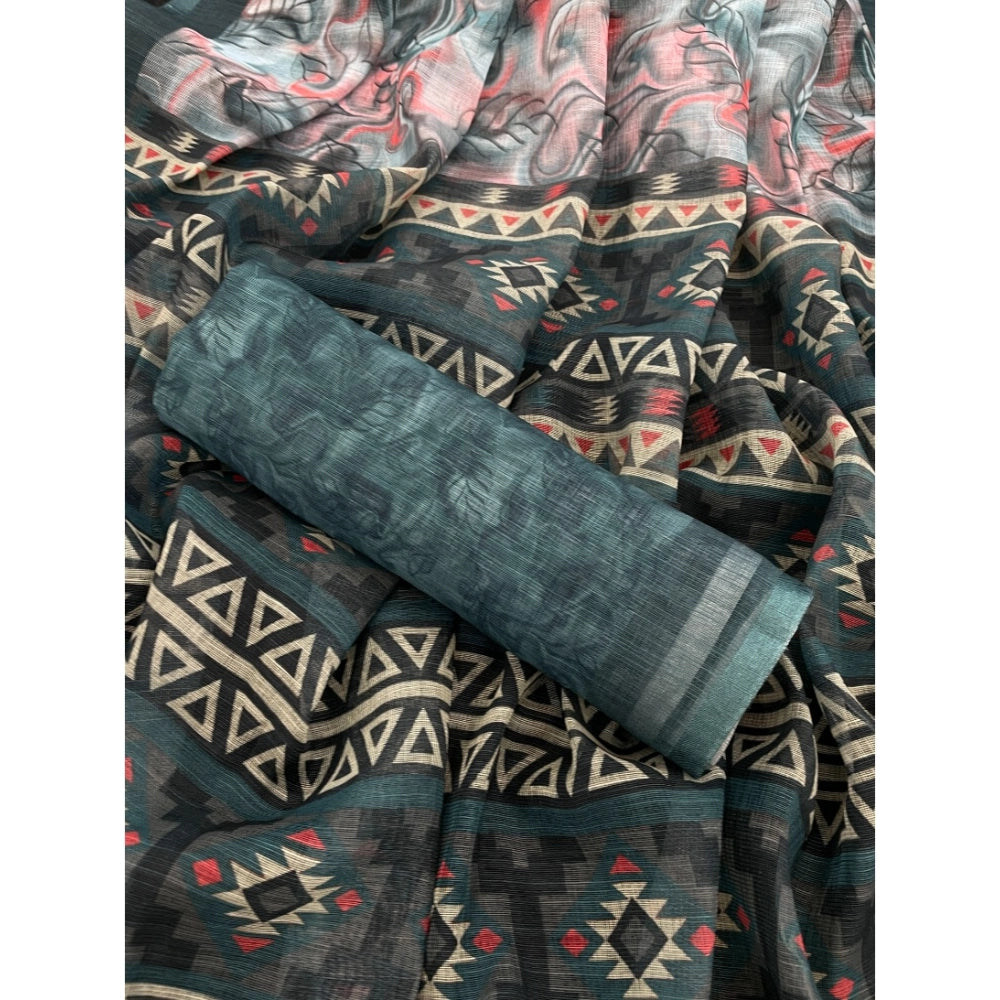 Women's Linen Cotton Printed Saree With Unstitched Blouse 5.5Mtr (Blue) - VANSHELLE