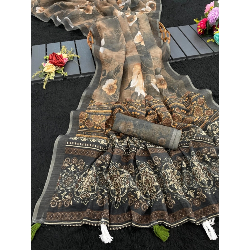 Women'S Linen Cotton Printed Saree With Unstitched Blouse 5.5M