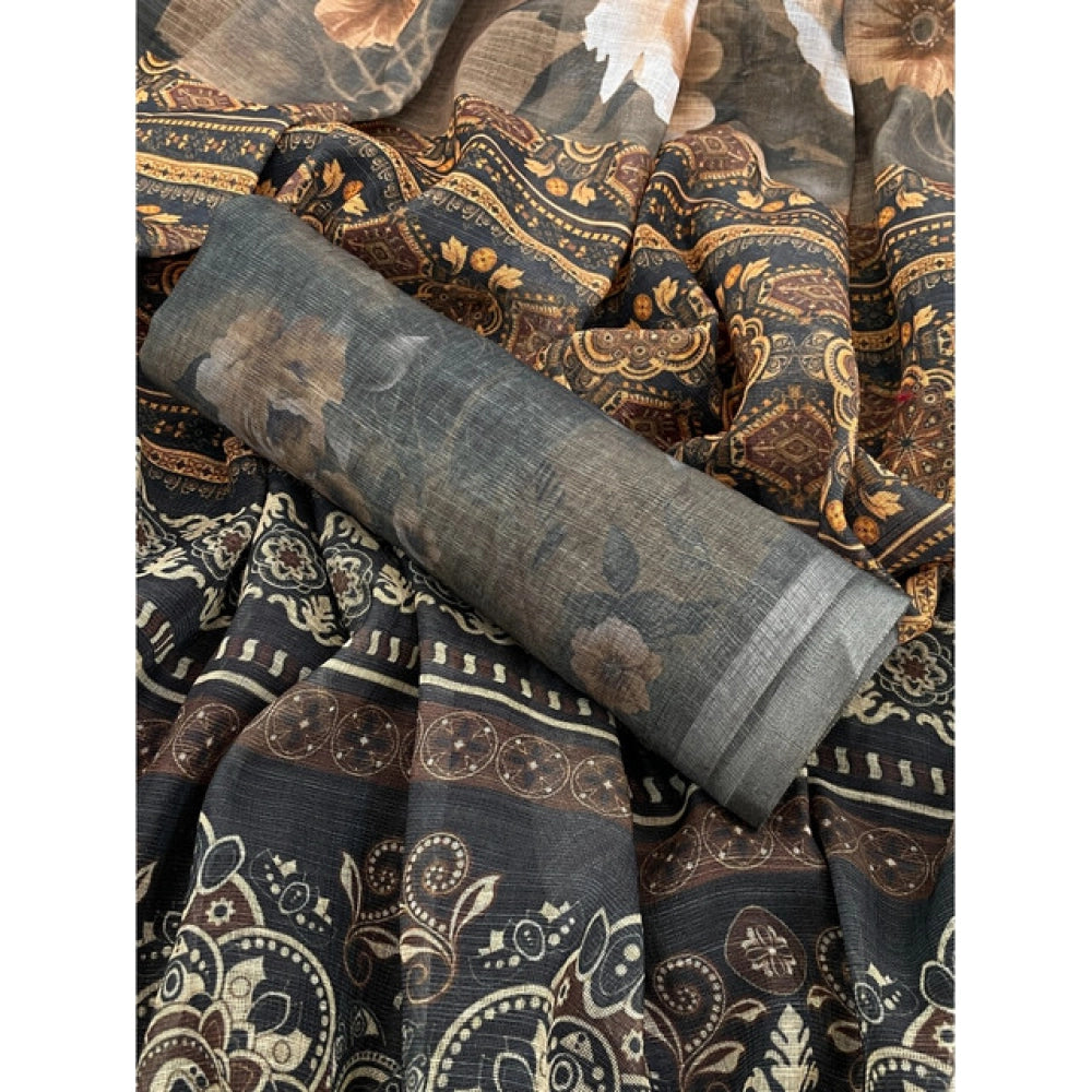 Women'S Linen Cotton Printed Saree With Unstitched Blouse 5.5M