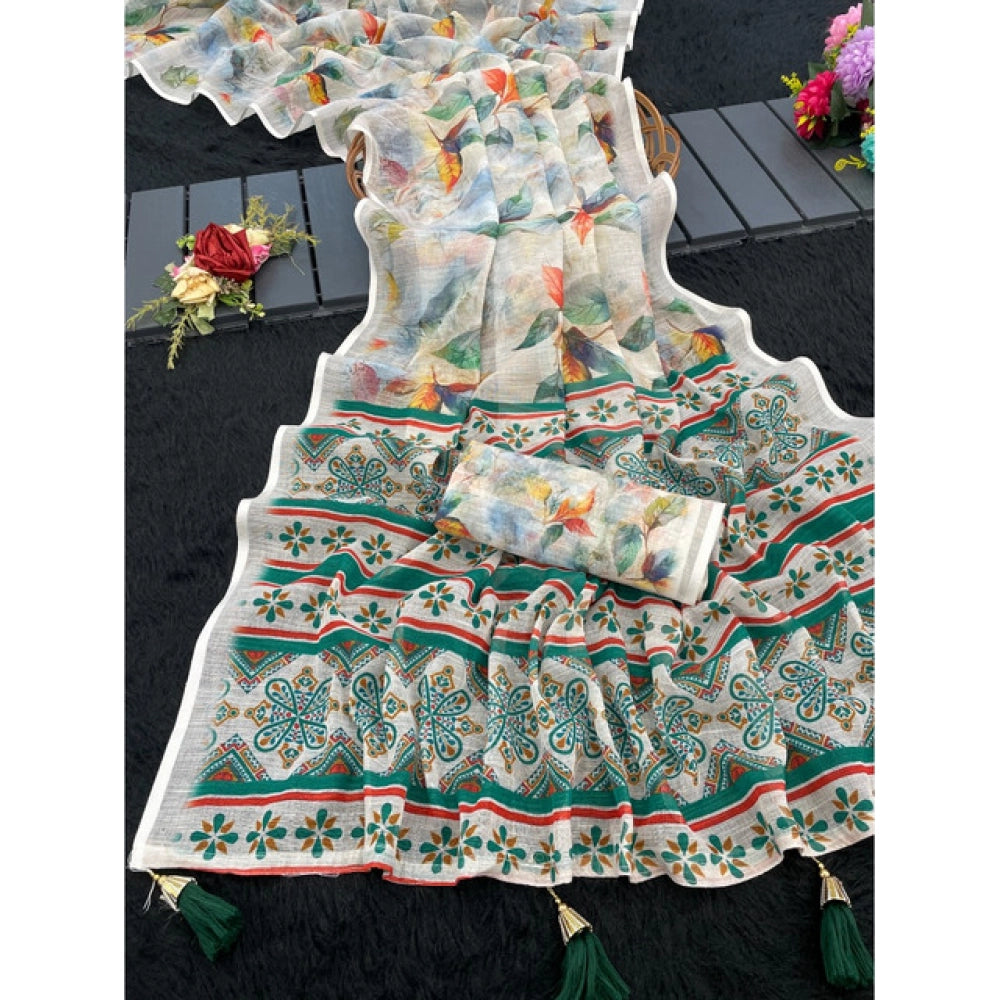 Women'S Linen Cotton Printed Saree With Unstitched Blouse 5.5M