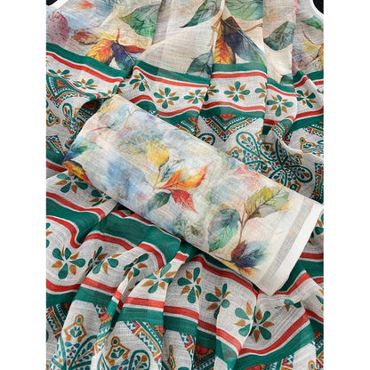 Women's Linen Cotton  Printed Saree With Unstitched Blouse 5.5Mtr (Green)
