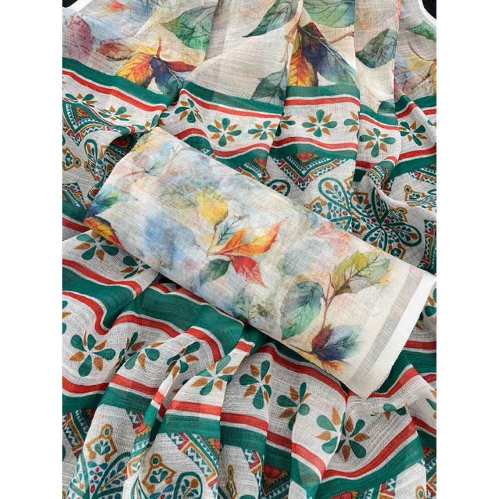Women'S Linen Cotton Printed Saree With Unstitched Blouse 5.5M