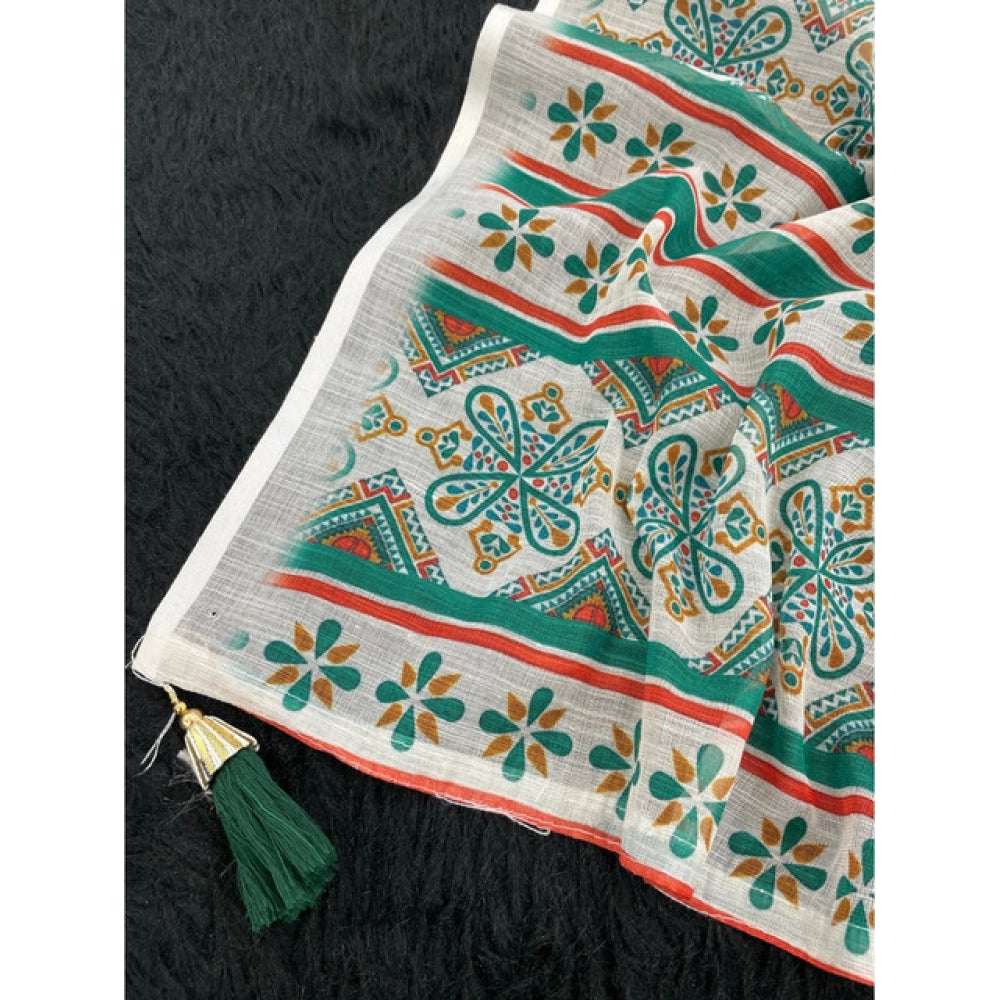 Women'S Linen Cotton Printed Saree With Unstitched Blouse 5.5M