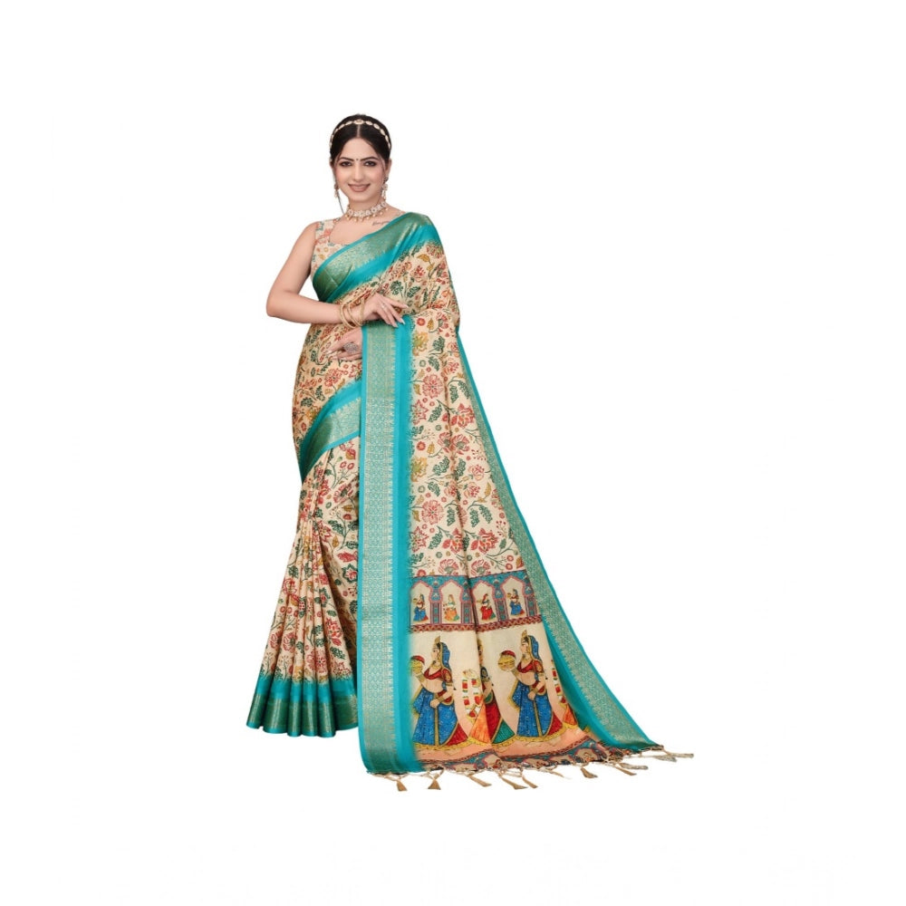 Women'S Cotton Silk Printed Saree With Unstitched Blouse 5.5Mt