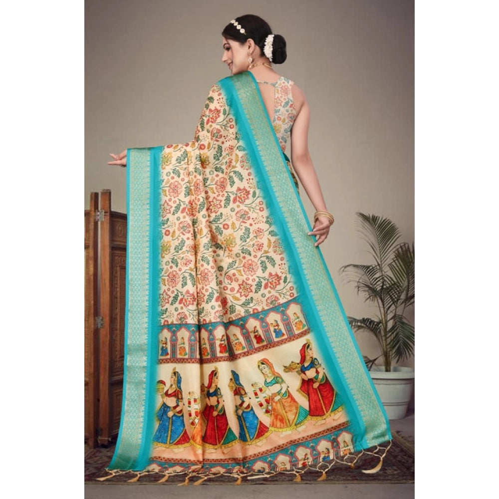Women'S Cotton Silk Printed Saree With Unstitched Blouse 5.5Mt