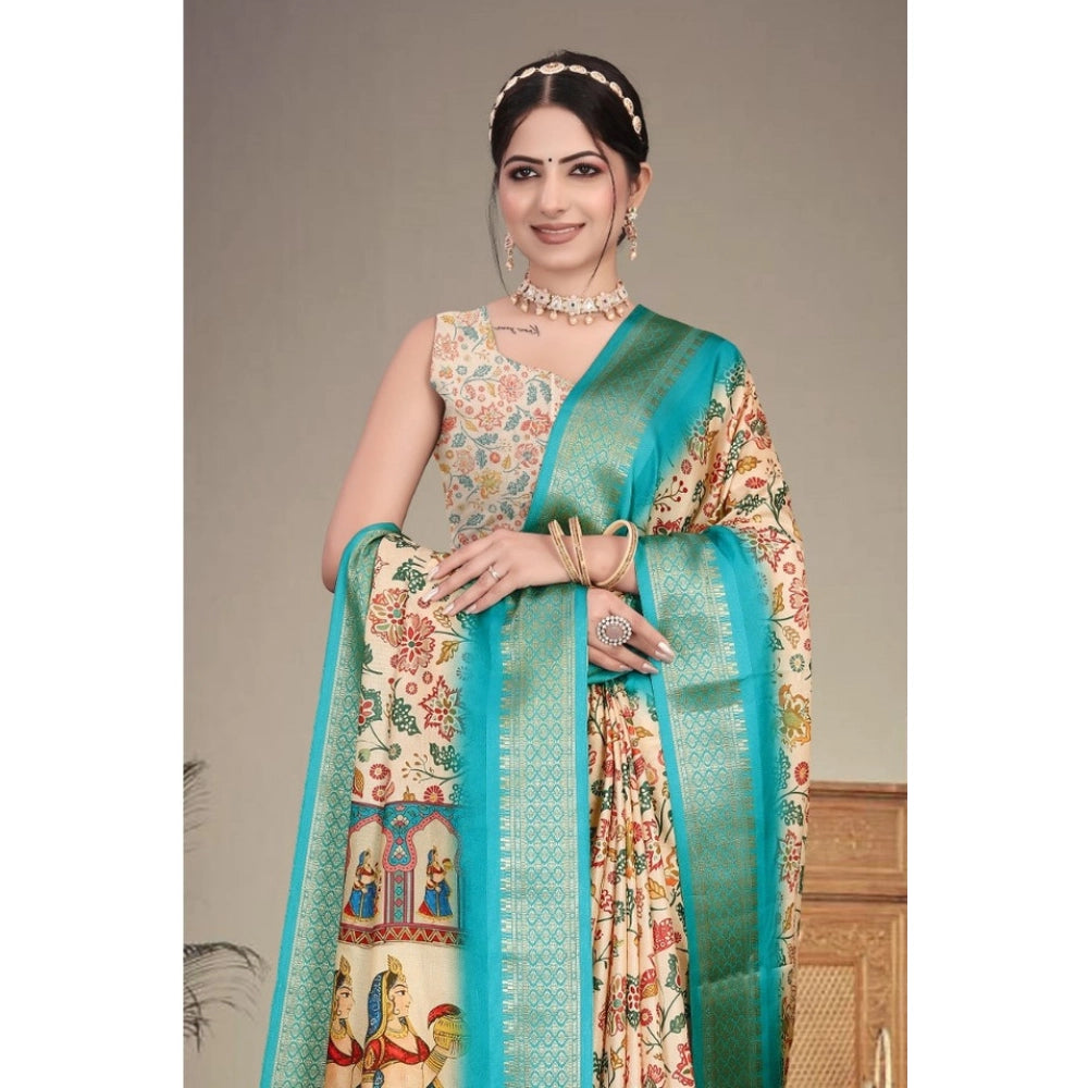 Women'S Cotton Silk Printed Saree With Unstitched Blouse 5.5Mt