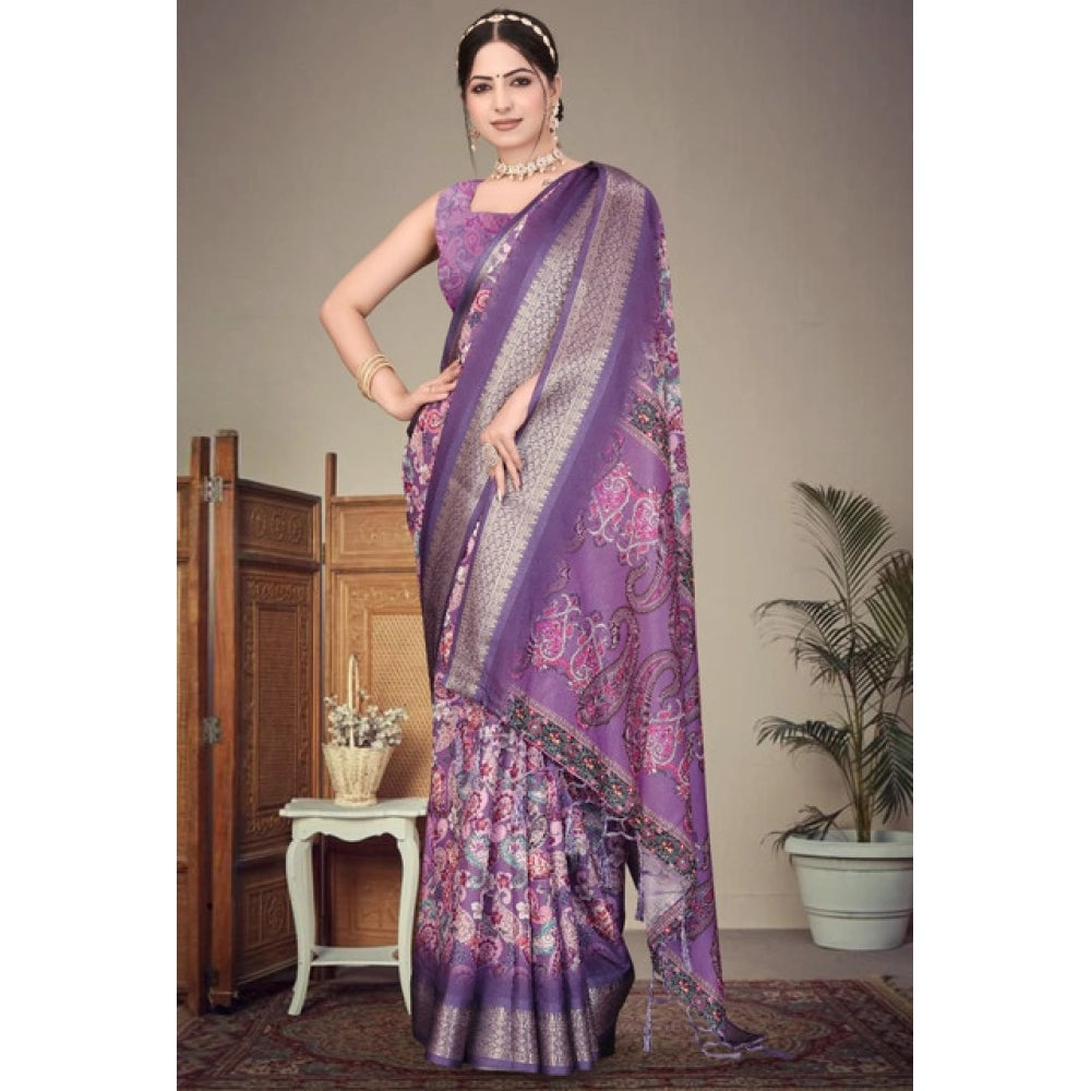 Women'S Cotton Silk Printed Saree With Unstitched Blouse 5.5Mt