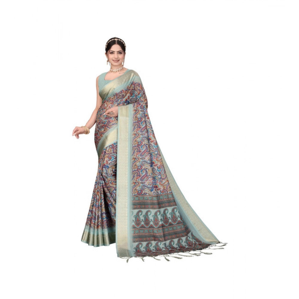 Women'S Cotton Silk Printed Saree With Unstitched Blouse 5.5Mt