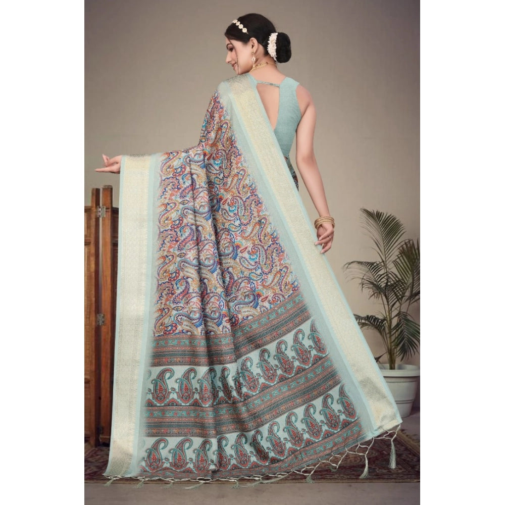 Women'S Cotton Silk Printed Saree With Unstitched Blouse 5.5Mt