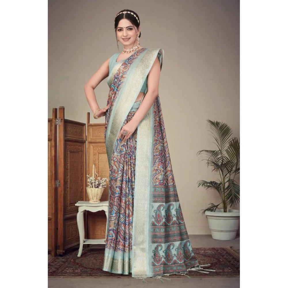 Women'S Cotton Silk Printed Saree With Unstitched Blouse 5.5Mt