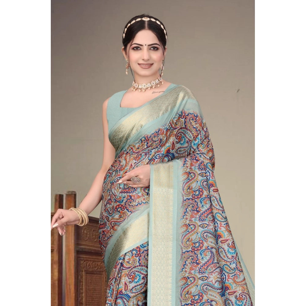 Women'S Cotton Silk Printed Saree With Unstitched Blouse 5.5Mt