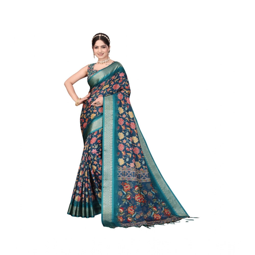 Women'S Cotton Silk Printed Saree With Unstitched Blouse 5.5Mt