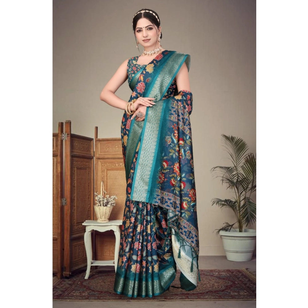 Women'S Cotton Silk Printed Saree With Unstitched Blouse 5.5Mt