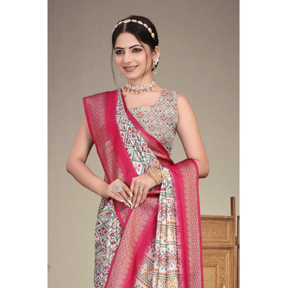 Women'S Cotton Silk Printed Saree With Unstitched Blouse 5.5Mt