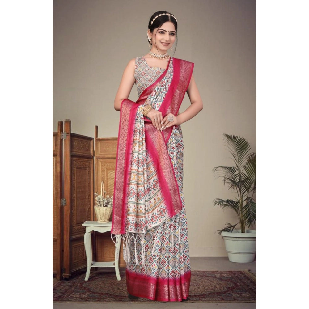 Women'S Cotton Silk Printed Saree With Unstitched Blouse 5.5Mt